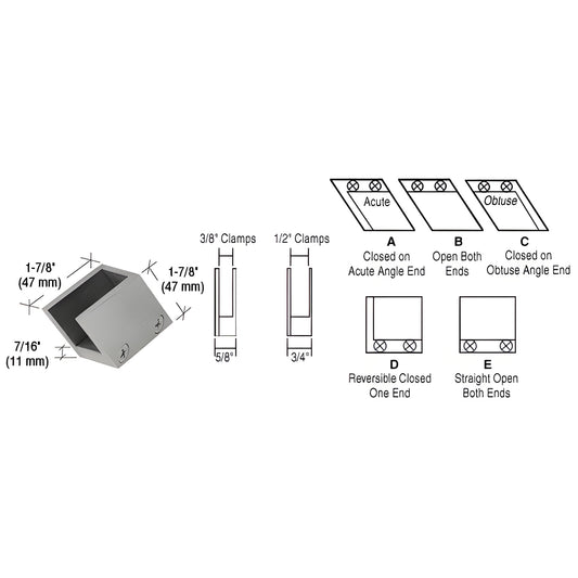 RH3312BN brushed-nickel 52 open-center slanted glass clamp, solid brass, fits 1/2" tempered glass, 1-7/8" square.