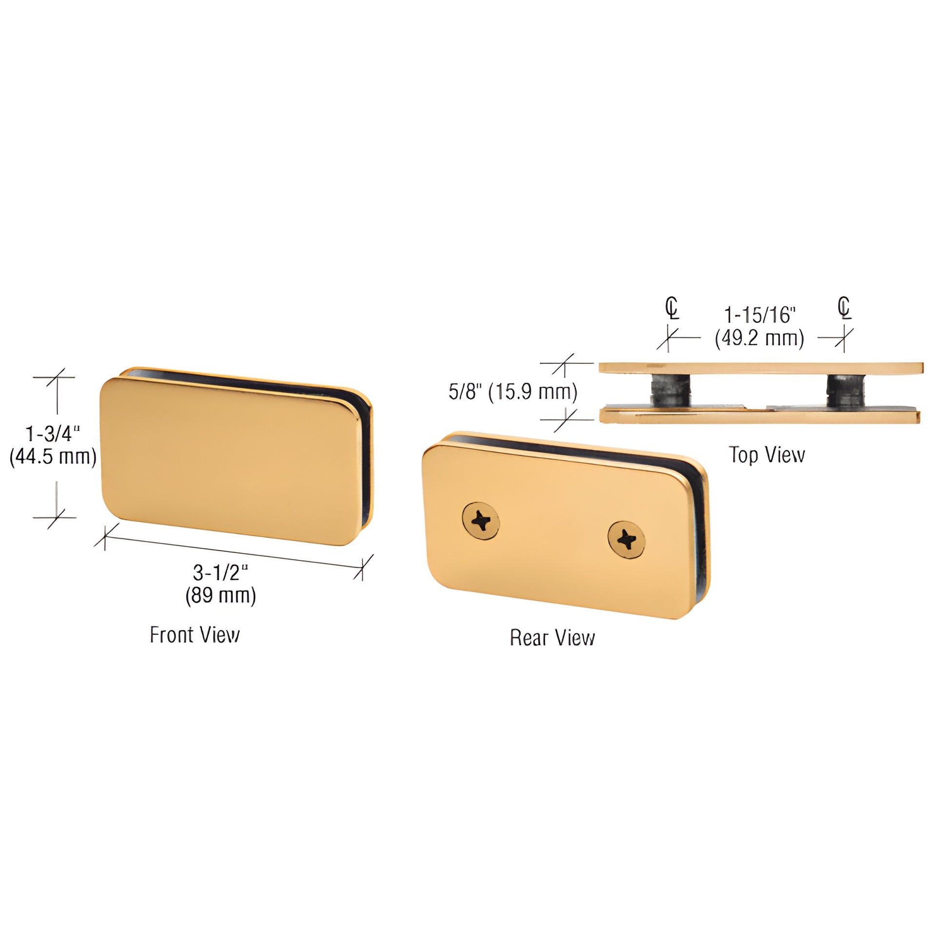 Satin brass 180 double-stud glass clamp (GCB184SB) for 8-12mm frameless shower panels, solid brass, rectangular.