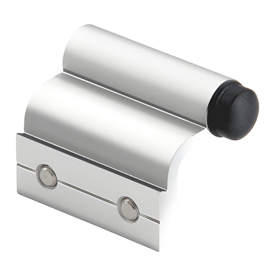 GSDH150PS polished 304 stainless steel top-track stop for sliding doors, rubber bumper tip, includes mounting hardware.