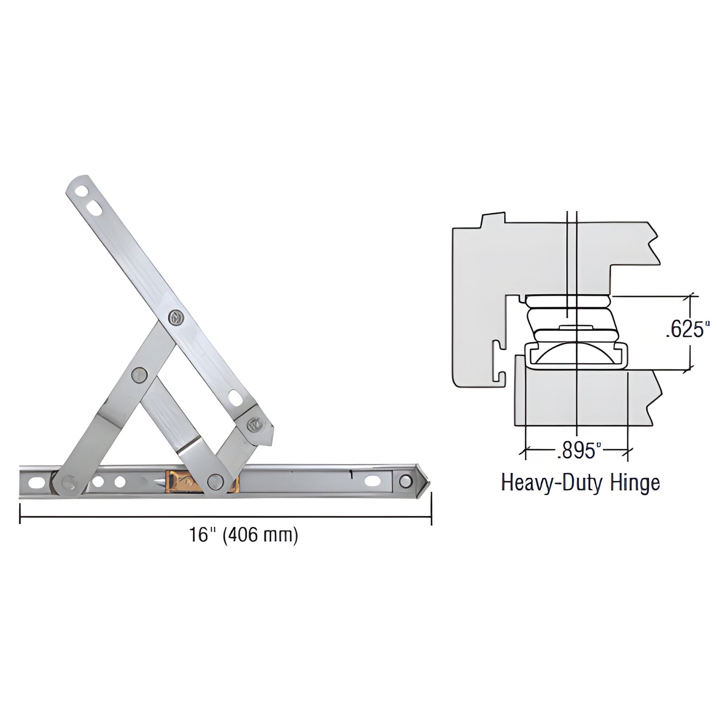 Truth EP28021 stainless steel 4-bar non-handed casement hinge, 16" (406mm) length, standard or heavy-duty, single unit.