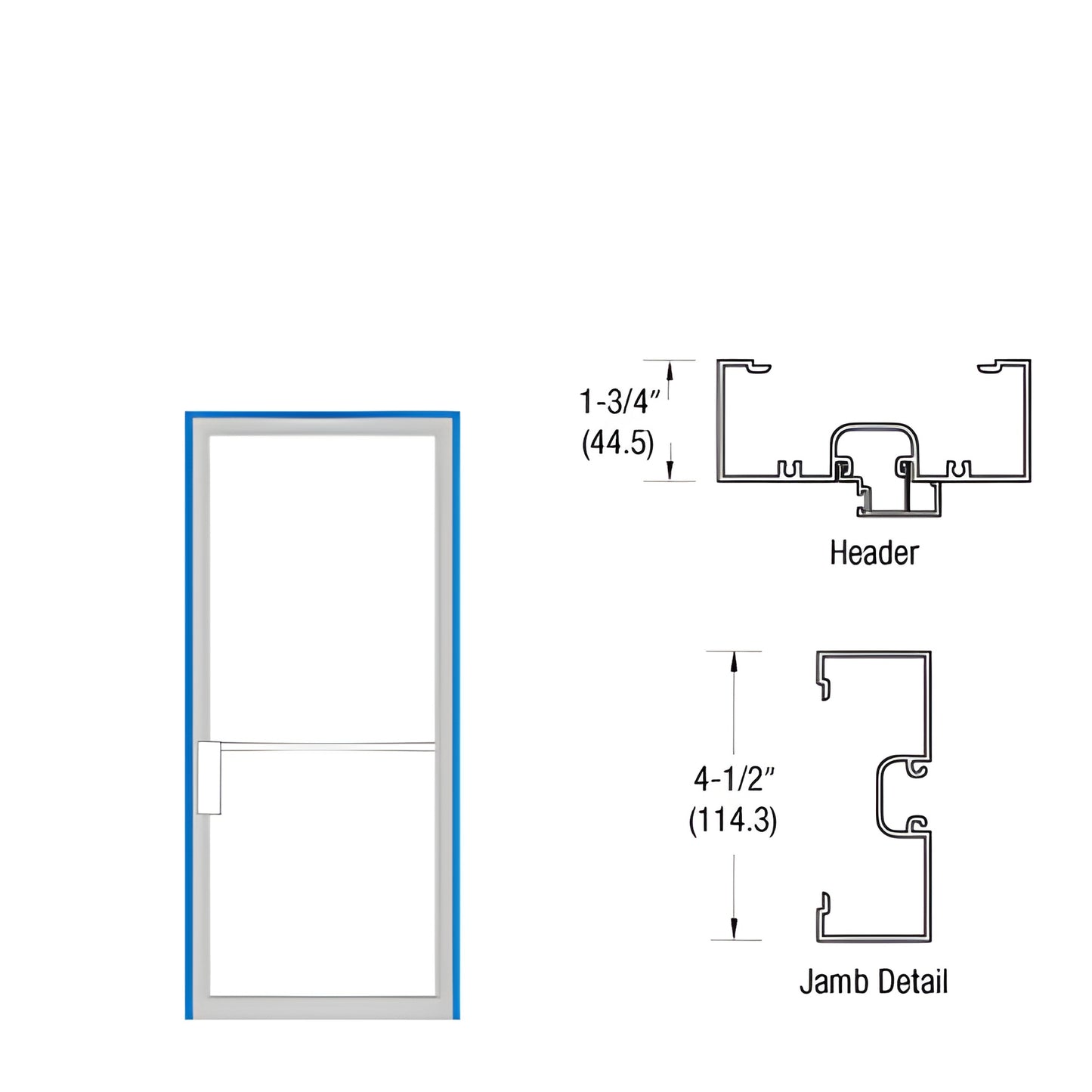 Clear anodized NOA up and over 1 3/4" x 4 1/2" frame for 36" x 84" right swing door, header and jamb sections. SKU DNS20A10FN