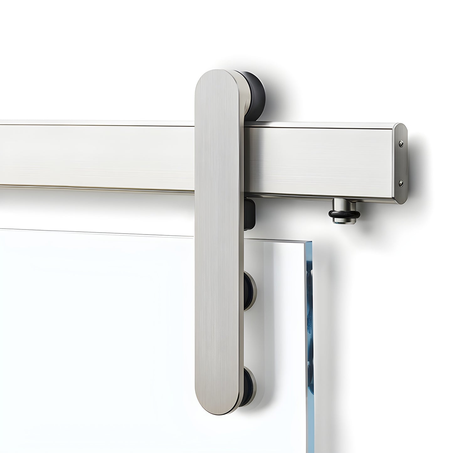 LAT34HEMBS Hemisphere sliding door hardware, brushed stainless, 96in track for 3/8-1/2" tempered glass.