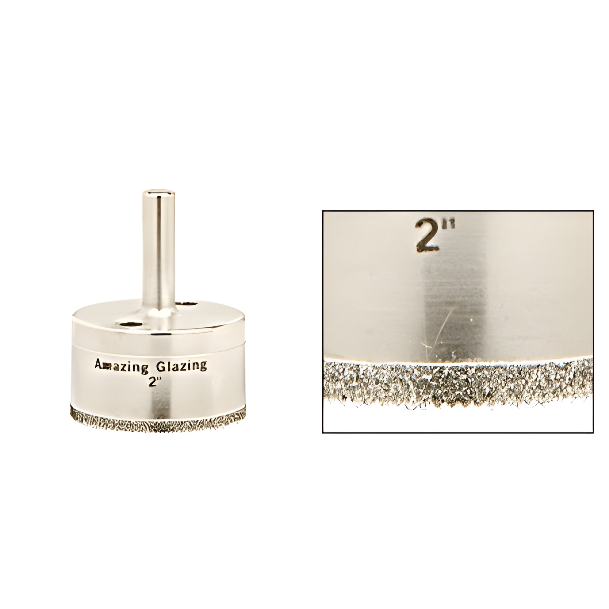 AG2 2" diamond-plated steel glazing drill bit, reduced round 3/8 in shank, sawtooth abrasive rim