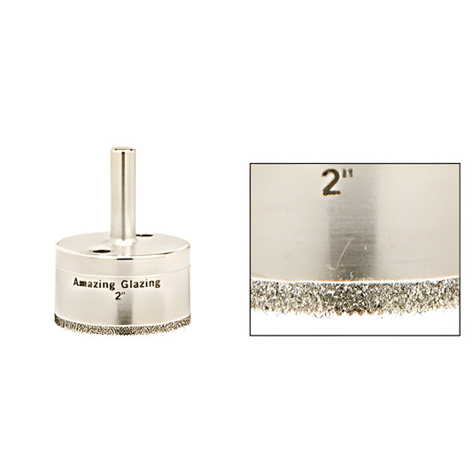 AG2 2" diamond-plated steel glazing drill bit, reduced round 3/8 in shank, sawtooth abrasive rim