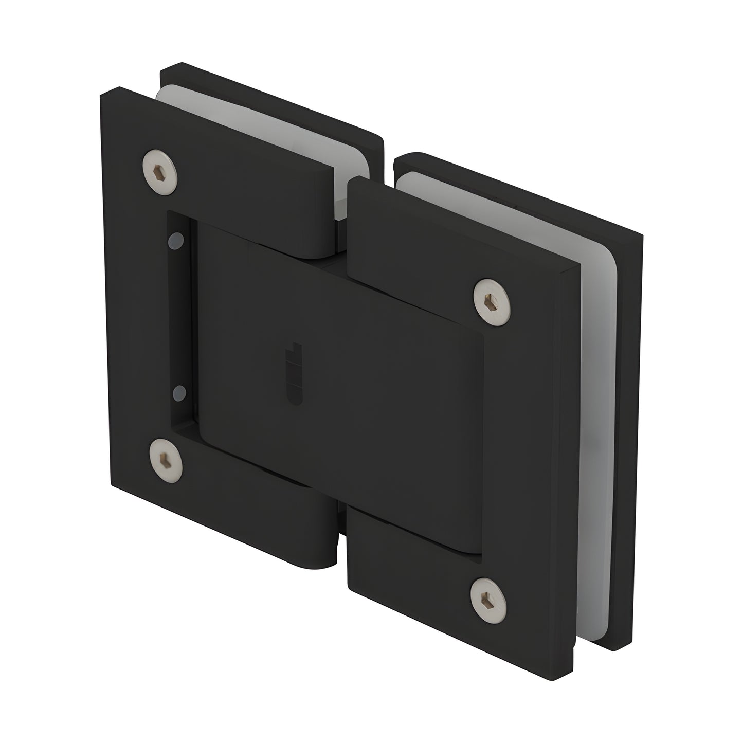 Matte black oil-dynamic full back plate glass hinge (SKU H8215BTMBL) for 8-14mm frameless doors, self-closing.