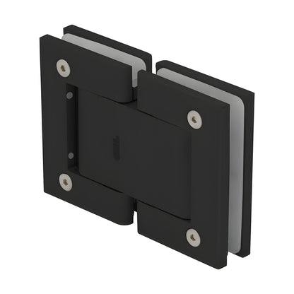Matte black oil-dynamic full back plate glass hinge (SKU H8215BTMBL) for 8-14mm frameless doors, self-closing.