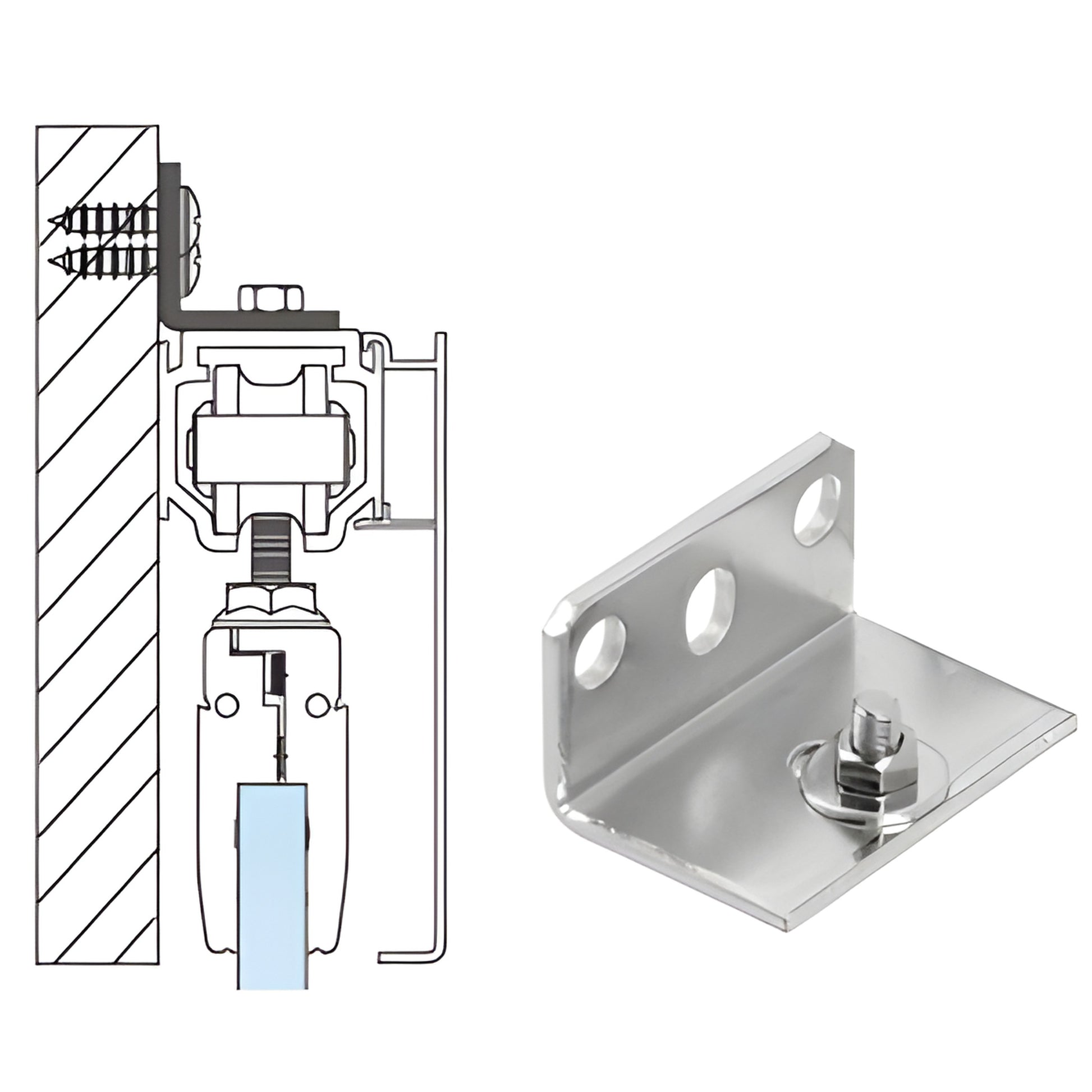 CRL3956 steel L-shaped top track small support bracket with fastener, shown next to a wall-mount installation diagram.