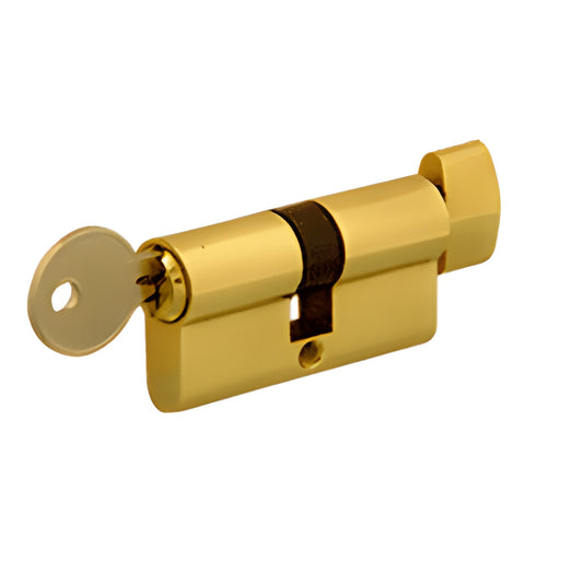 EC3BR polished brass extended-length euro cylinder with key and thumbturn, for PTH311 lever latch and glass doors