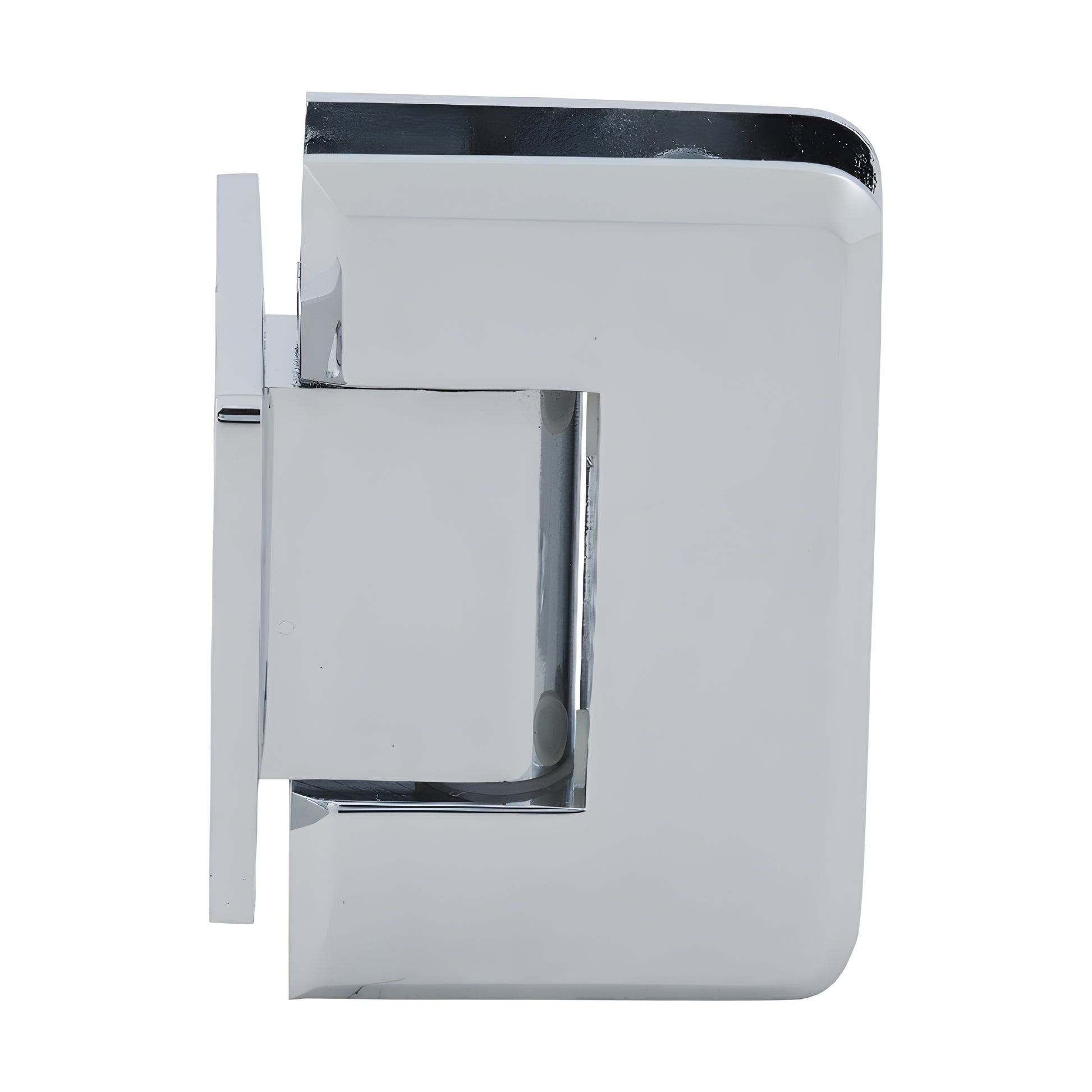 Pinnacle polished chrome shower door hinge (SKU P1N074CH), solid brass wall-mount, beveled edge, fits 8-12mm glass.
