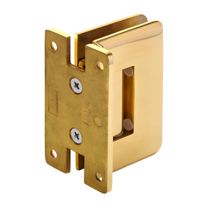 P1N037BR polished brass Pinnacle shower hinge, wall-mount H back plate for 8-12mm glass, beveled corners, self-centering.