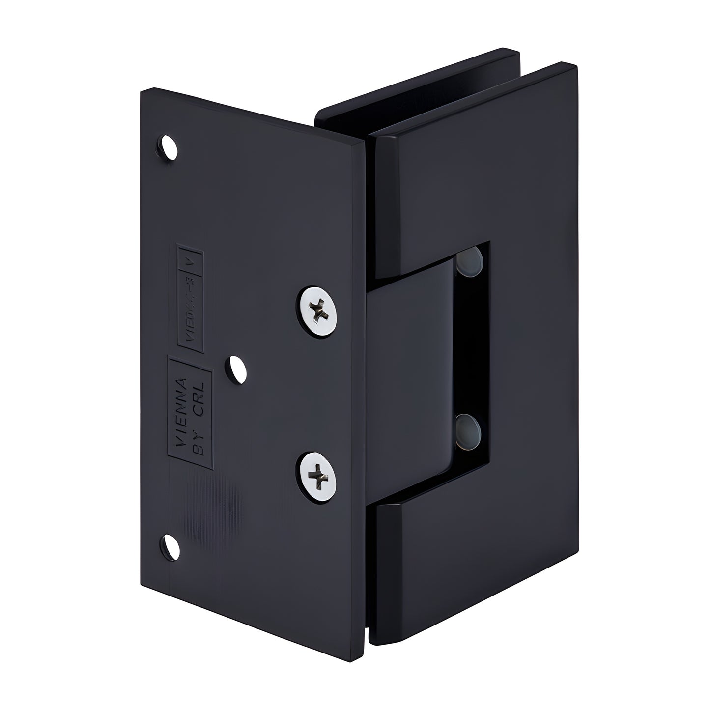 Matte black solid brass Vienna shower door hinge (SKU V1E044MBL) for 10-12mm tempered glass, wall-mount offset.