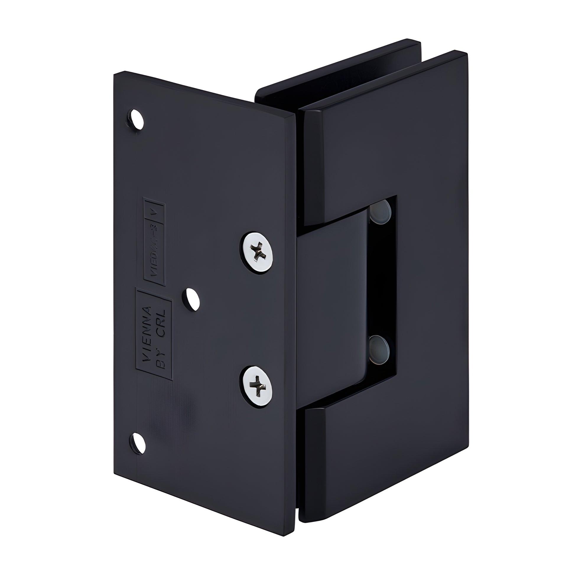 Matte black solid brass Vienna shower door hinge (SKU V1E044MBL) for 10-12mm tempered glass, wall-mount offset.