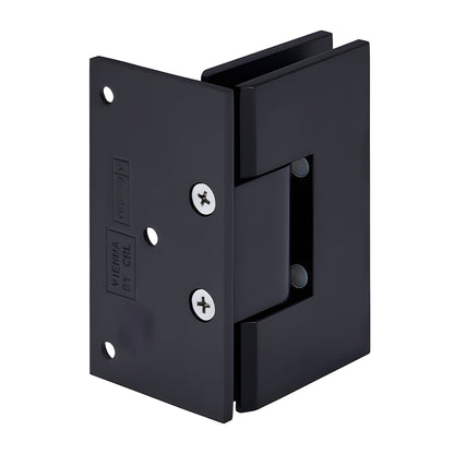 Matte black solid brass Vienna shower door hinge (SKU V1E044MBL) for 10-12mm tempered glass, wall-mount offset.