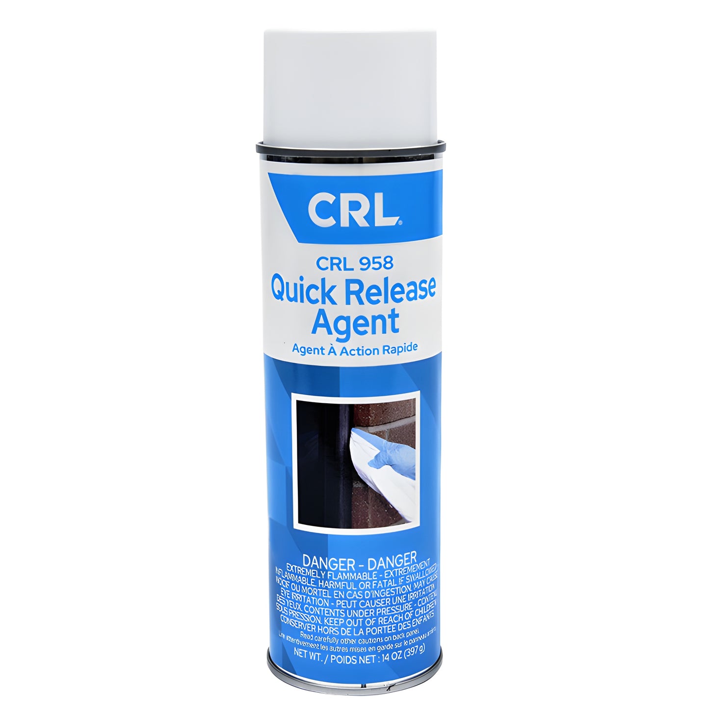 CRL Quick Release Agent aerosol can (SKU CRL958), 14 oz, blue-and-white label - adhesive and windshield sealant remover