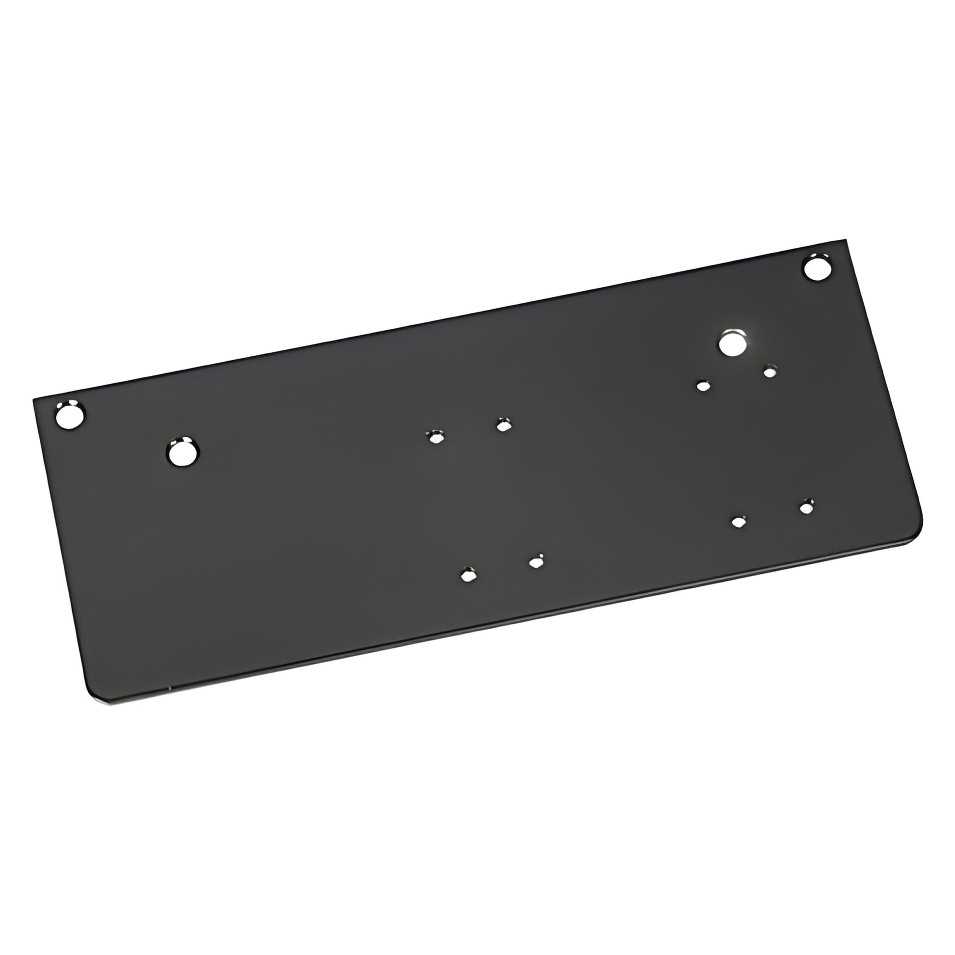 Black drop plate parallel-arm door closer adapter PR90DPPABL, low-profile 5-1/4" 12-1/4", with mounting holes.
