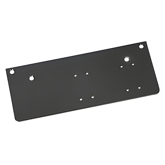 Black drop plate parallel-arm door closer adapter PR90DPPABL, low-profile 5-1/4" 12-1/4", with mounting holes.