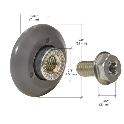 Gray 7/8in V-shaped nylon shower door roller with 10-32 threaded hex hub and steel bearing (SKU M6175)