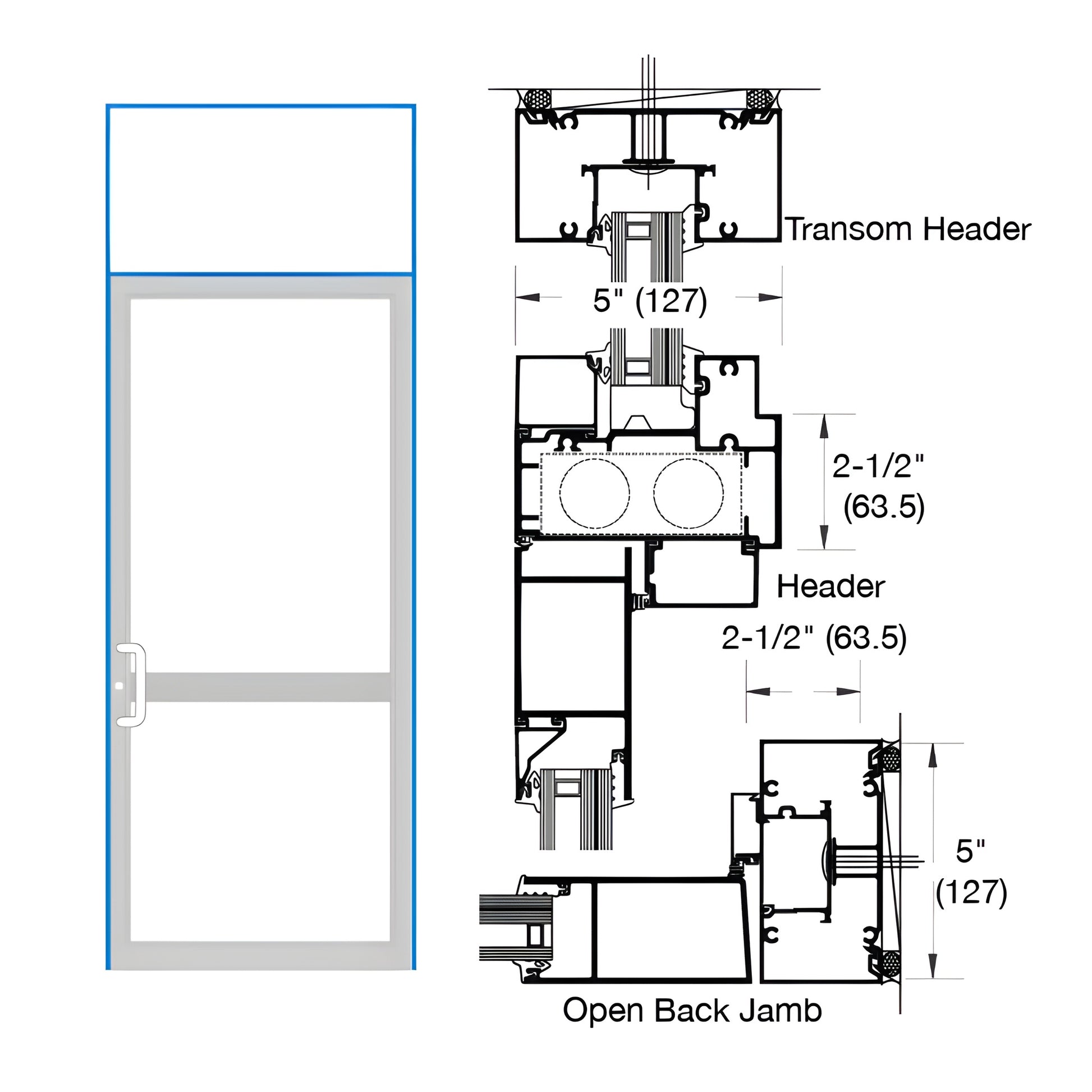 Custom Kynar single transom hurricane impact door frame (SKU 0P91471) with transom, threshold and technical cross-section dia