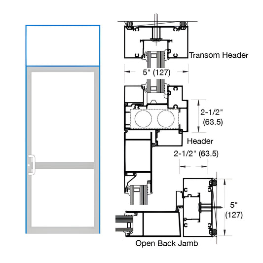 Custom Kynar transom door frame with 2-1/2 in x 5 in header, open-back jamb detail - SKU 0P91971