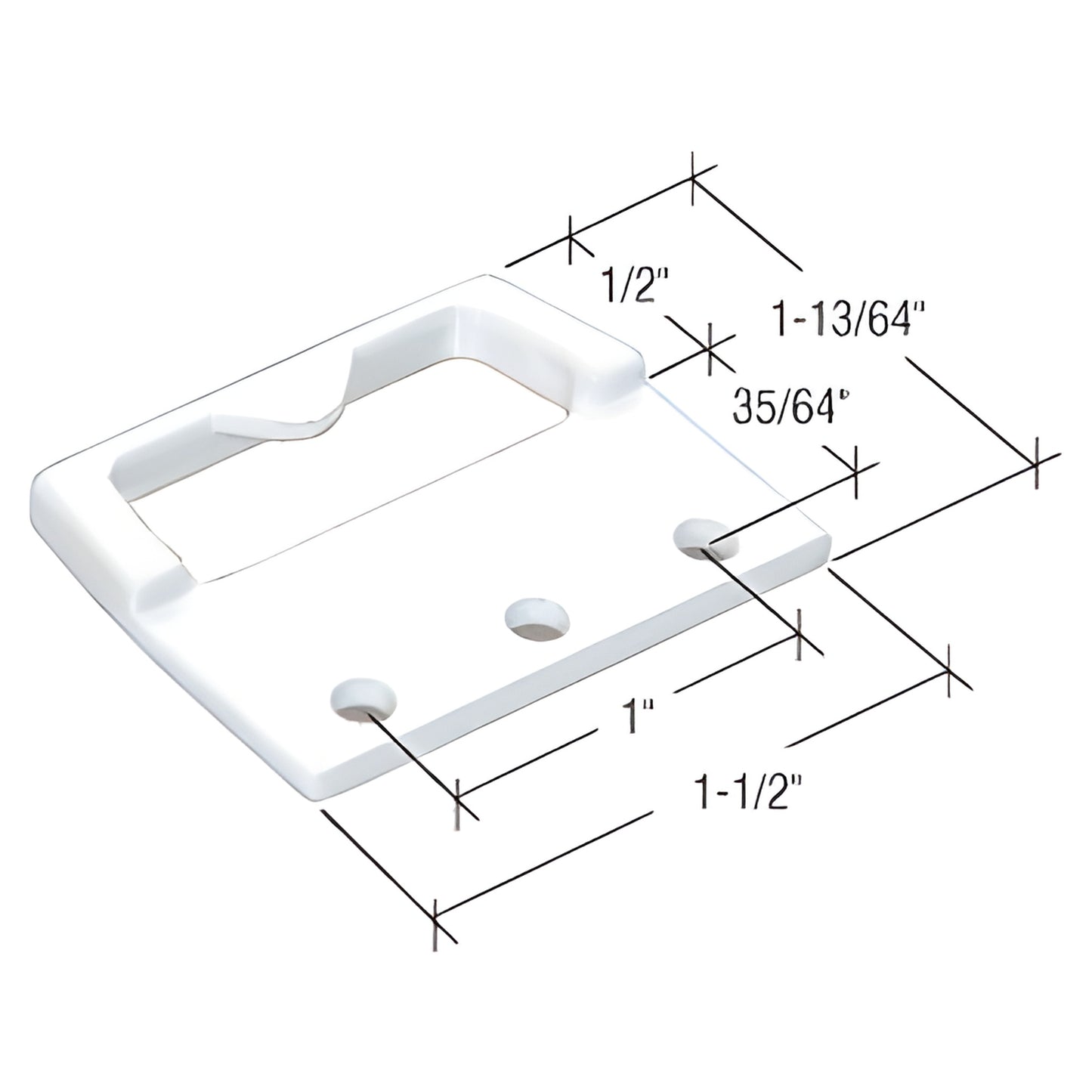 White diecast face-mount sash lock keeper (SKU F2738), rectangular with three screw holes and recessed cam opening, 1-1/2" lo