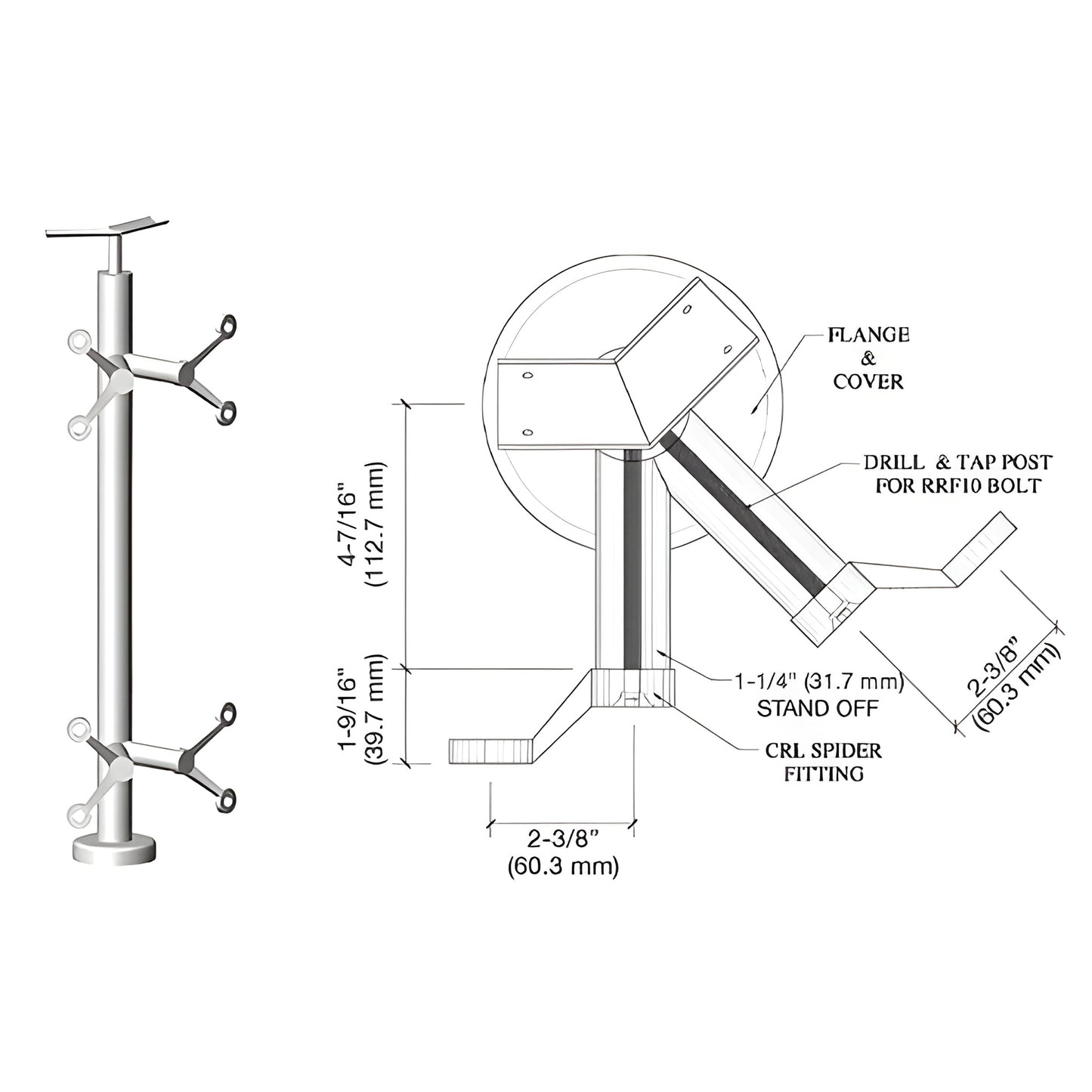 CRL P642APS stainless steel spider post railing kit with base plate, welded top saddle and 4 arm fixed spider fittings, polis