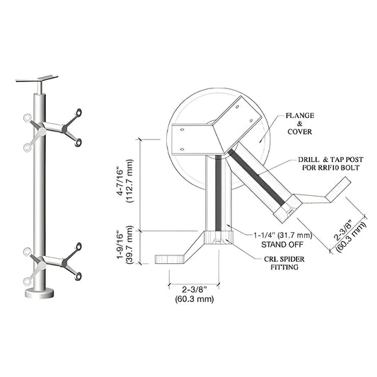 CRL P642APS stainless steel spider post railing kit with base plate, welded top saddle and 4 arm fixed spider fittings, polis