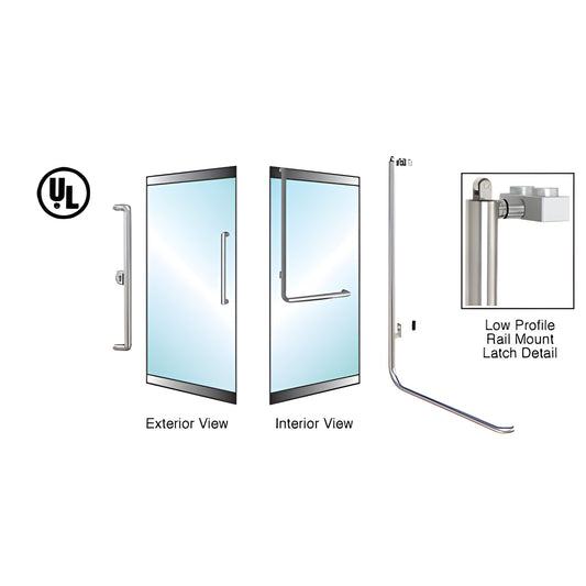 Brushed stainless PA100X4LKBS tubular panic handle, low-profile rail mount for 1/2-3/4 glass doors, interior push bar, UL ce