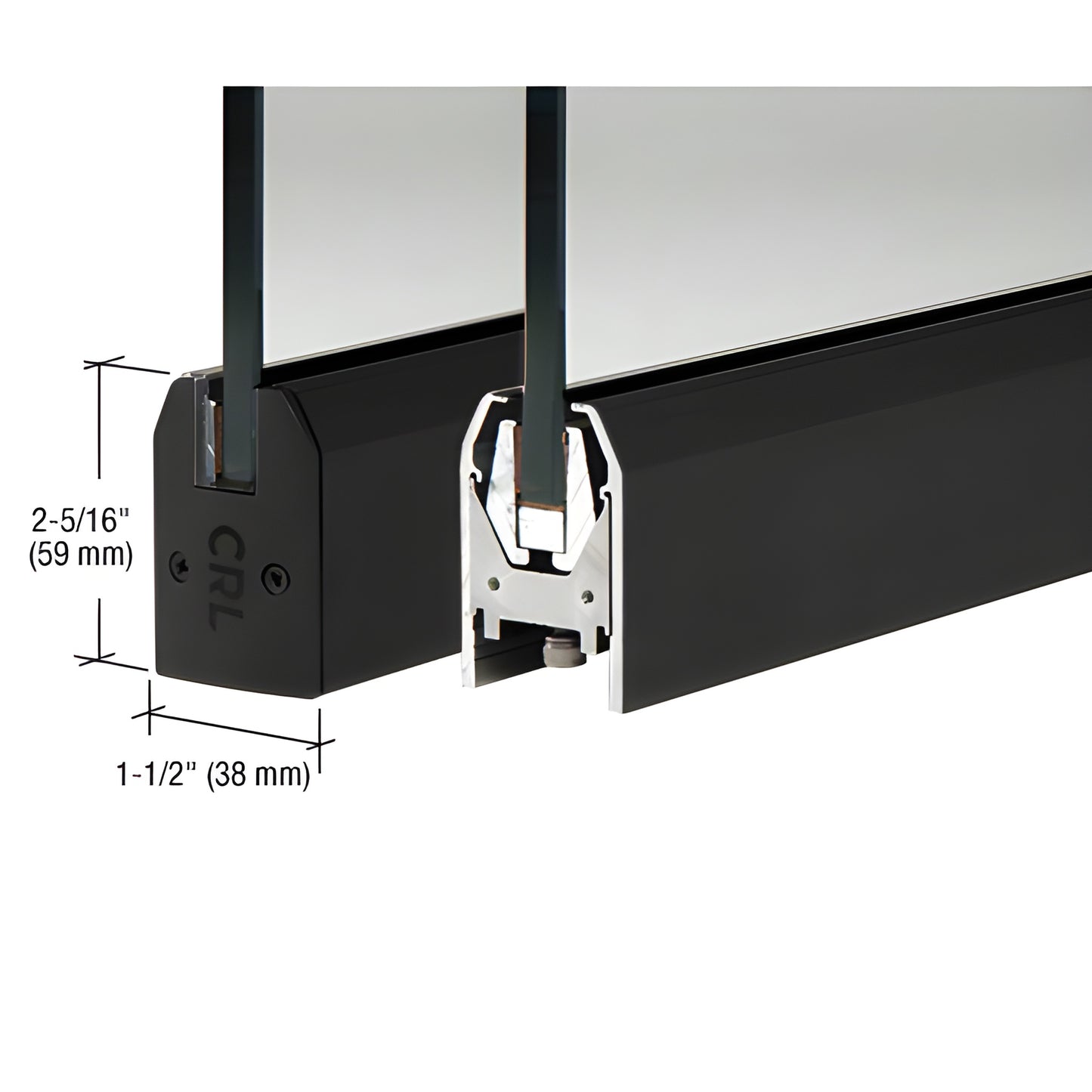Matte black low-profile door rail DR2TMBL12C for 1/2" (12 mm) glass, 2-5/16" x 1-1/2", Wedge-Lock glass securing system