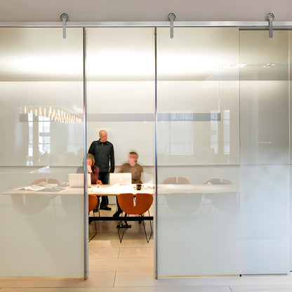 Brushed stainless sliding door hardware with hubless round wheel for 3/8-1/2" glass - SKU LAT34S0LBS