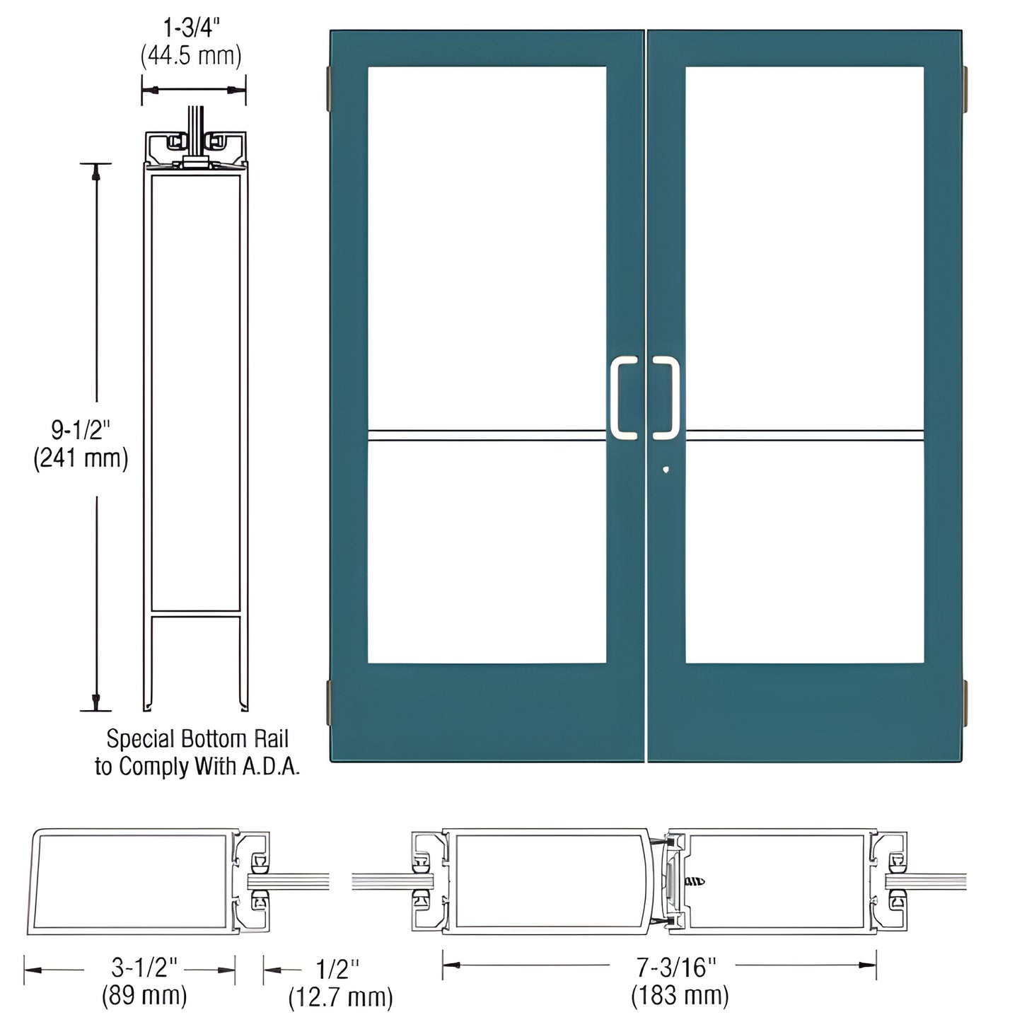 CRL custom medium-stile double storefront entrance door, teal finish, 3-1/2 in stiles, ADA 9-1/2 in bottom rail - SKU CD42571