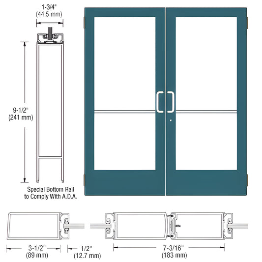 CRL custom medium-stile double storefront entrance door, teal finish, 3-1/2 in stiles, ADA 9-1/2 in bottom rail - SKU CD42571