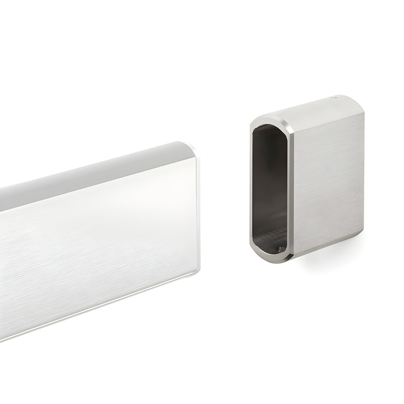 Latitude 34 brushed stainless end caps (set of 2) for headerless sliding door tracks, rounded rectangular profile - SKU LAT34