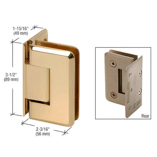 Polished brass Pinnacle shower door hinge (SKU P1N044BR), offset wall-mount, beveled, 3-1/2" x 2-3/16"