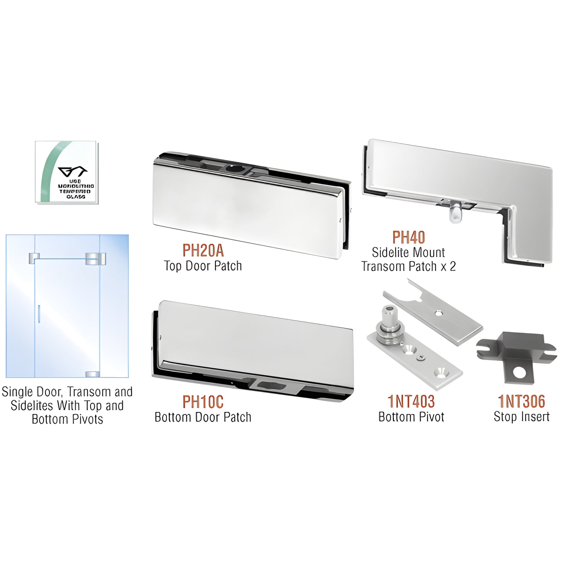 PHA5BS brushed stainless commercial glass door pivot kit with top/bottom patches and sidelite-transom patches.
