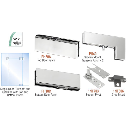 PHA5BS brushed stainless commercial glass door pivot kit with top/bottom patches and sidelite-transom patches.