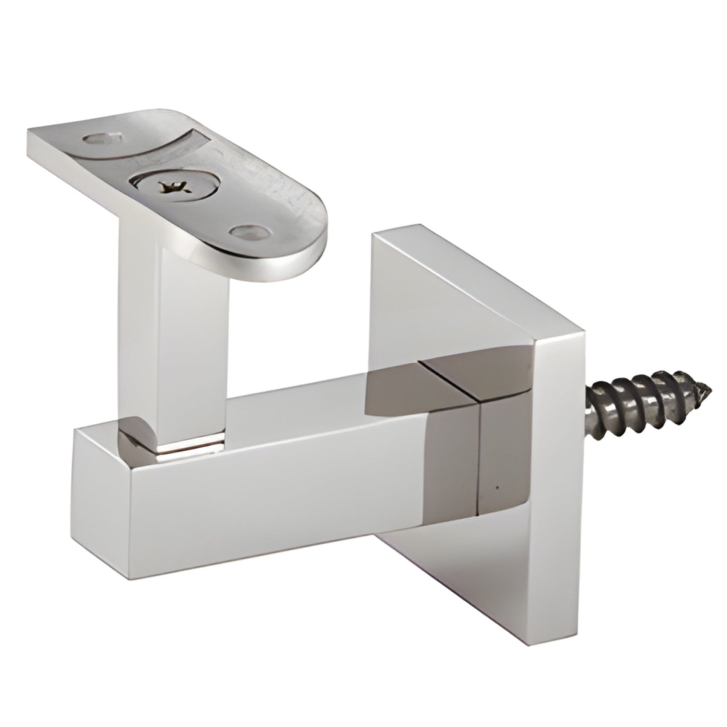 Polished stainless steel wall-mounted handrail bracket (HR5EWPS) for 1.5-2 in tubing, screw mount, modern square design