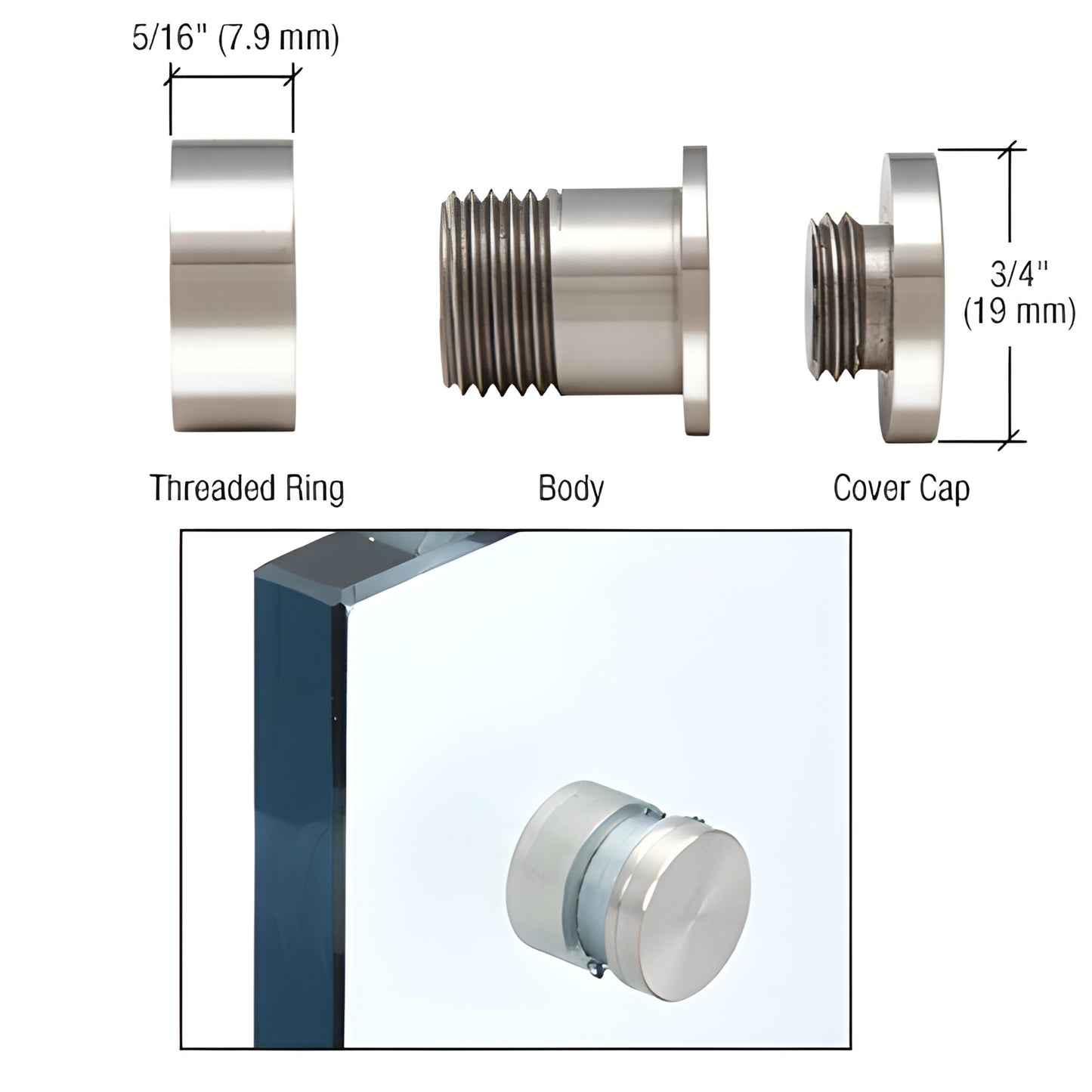 Polished 316 stainless steel panel-mount standoff, 3/4 in diameter for 5/16-3/8 in (8-10 mm) glass panels