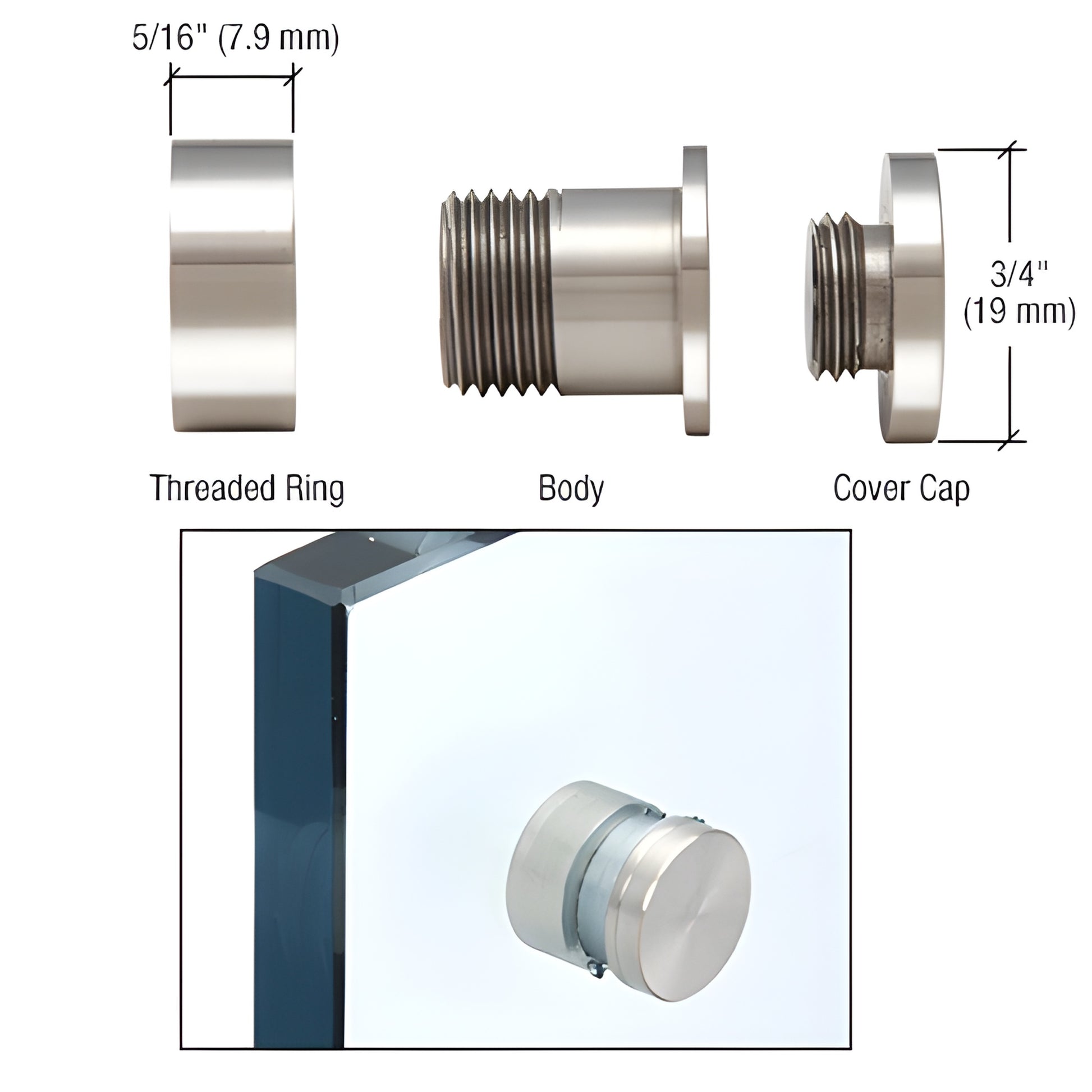 Polished 316 stainless steel panel-mount standoff, 3/4 in diameter for 5/16-3/8 in (8-10 mm) glass panels