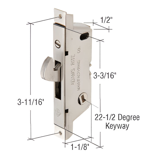 AR18470 Adams Rite mortise lock, stainless steel, square faceplate, adjustable hook, 22-1/2 keyway, 1/2" housing