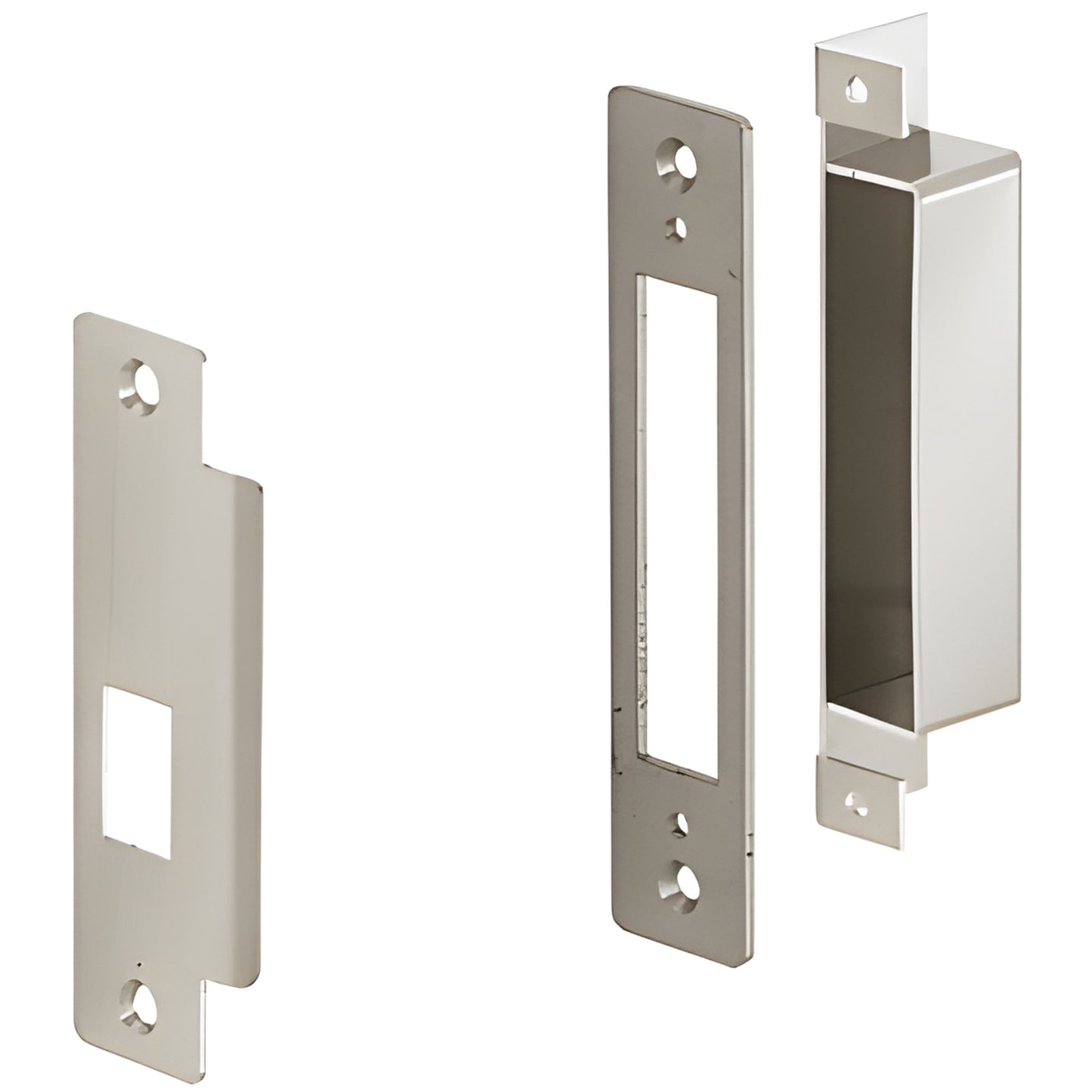 DLR6515 brushed stainless steel center lock strike kit - three mounting plates and dust box for glass/aluminum doors.