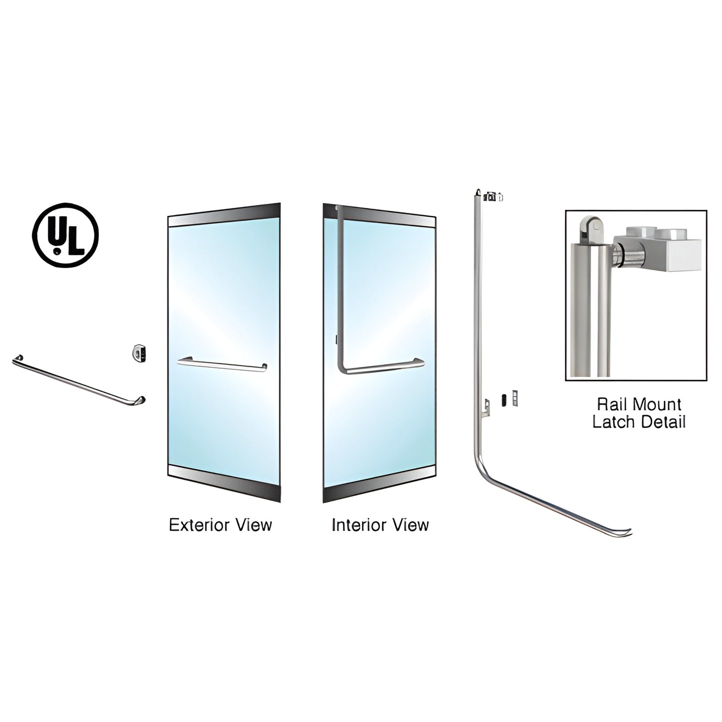 Brushed stainless PA100A4LKBS low-profile rail-mount panic handle, 1-1/4" tube for 1/2" tempered glass doors.