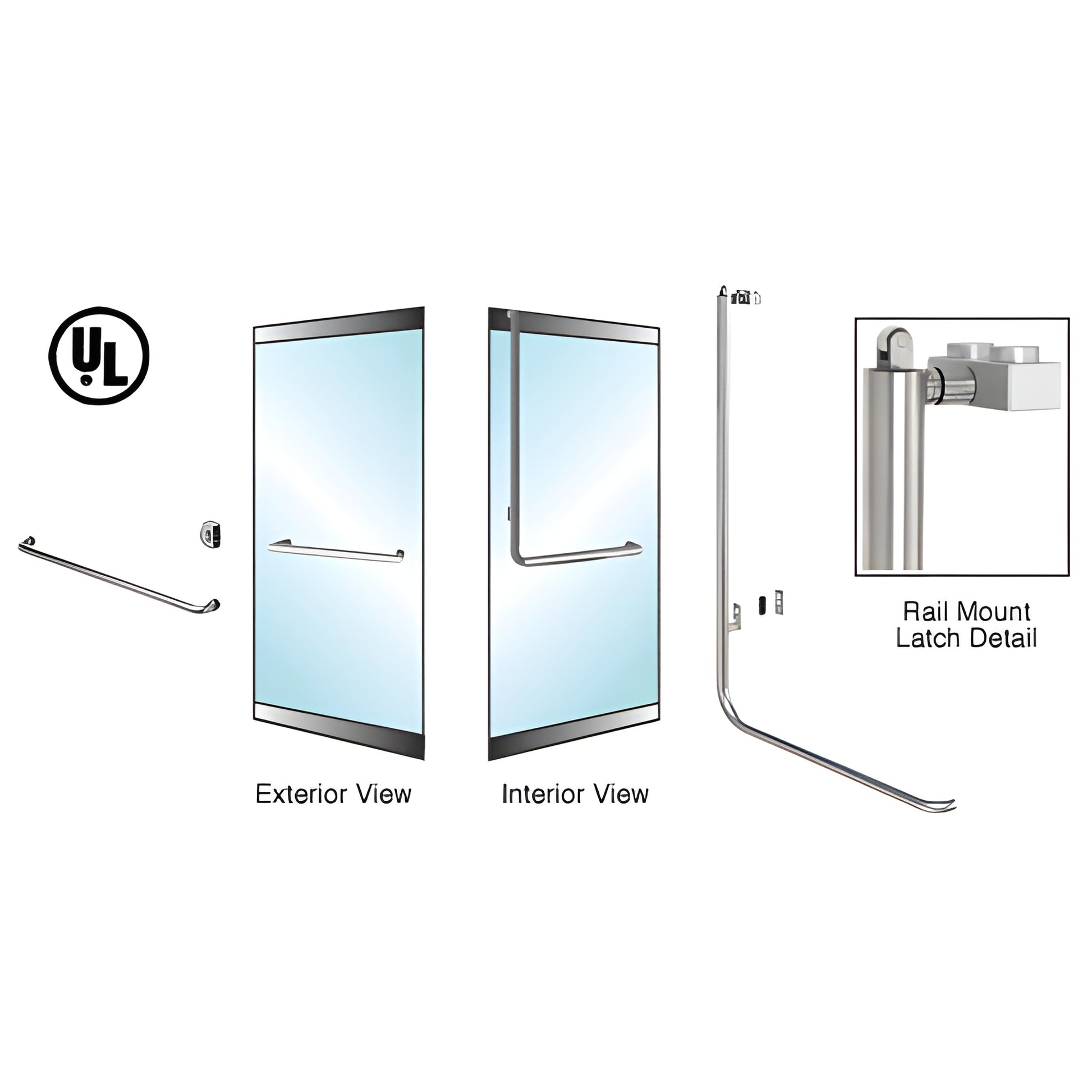 Brushed stainless PA100A4LKBS low-profile rail-mount panic handle, 1-1/4" tube for 1/2" tempered glass doors.