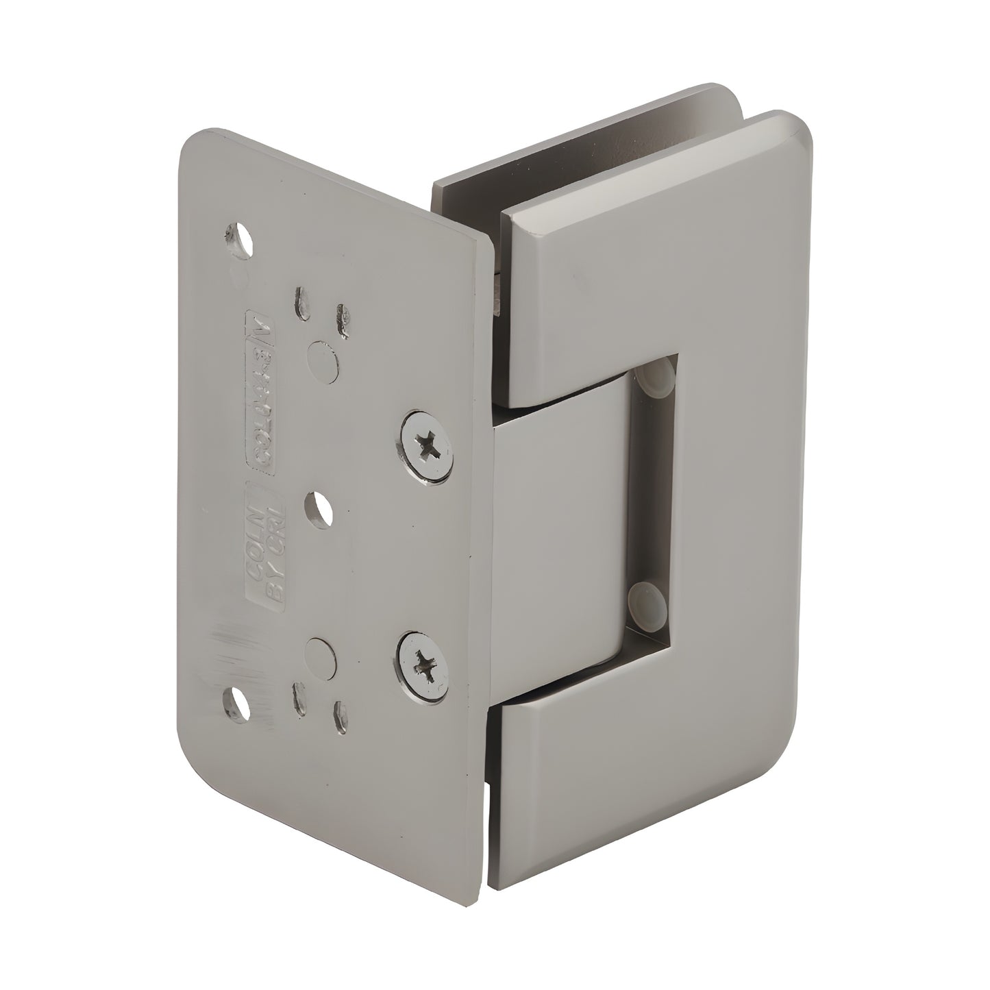 Satin nickel Cologne brass shower door hinge for 3/8-1/2 in tempered glass, wall-mount, self-centering (SKU C0L044SN)