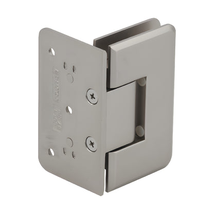 Satin nickel Cologne brass shower door hinge for 3/8-1/2 in tempered glass, wall-mount, self-centering (SKU C0L044SN)