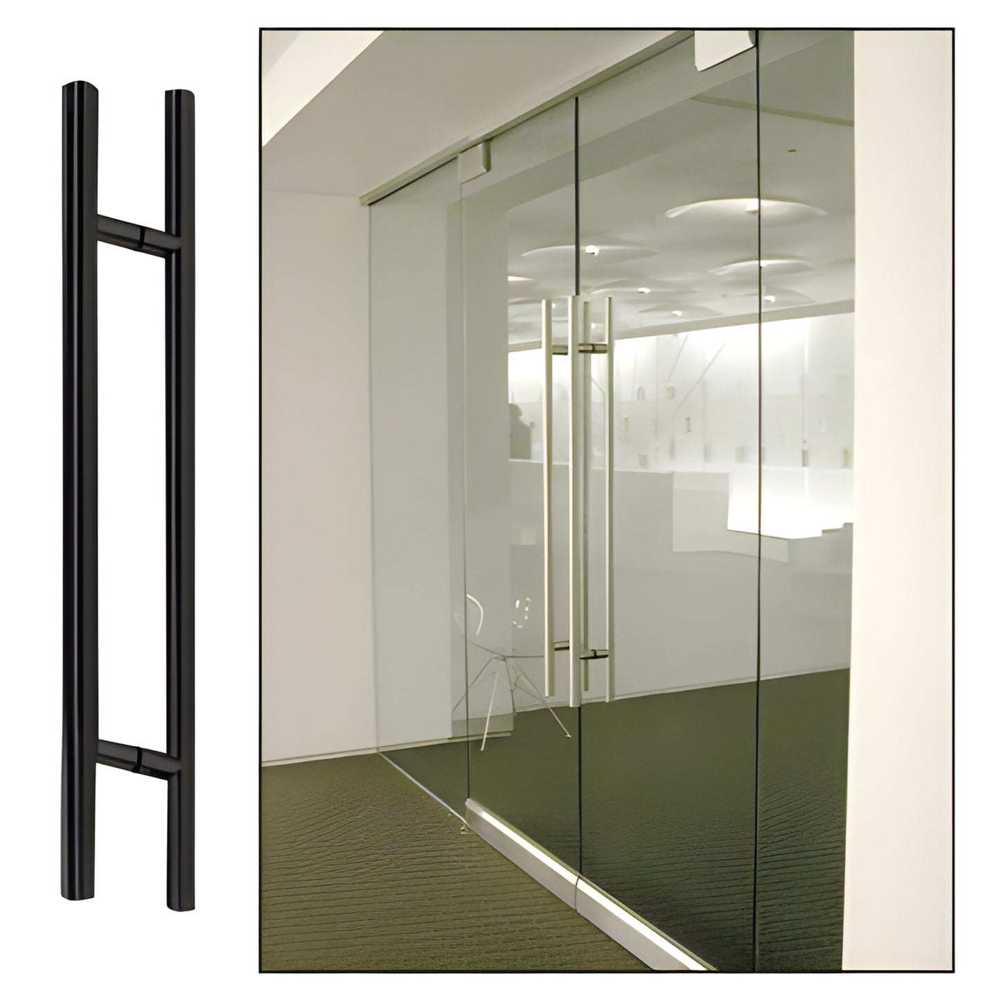 Matte black 30in stainless steel ladder-style back-to-back door pull for 3/8-3/4 in glass. SKU 30LPMBL