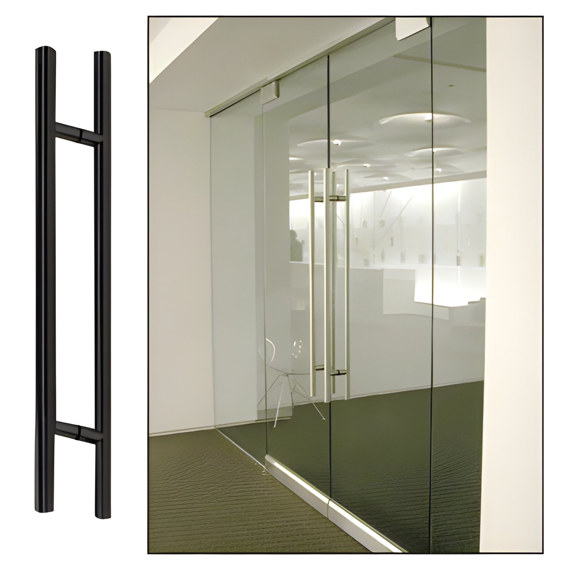 Matte black 30in stainless steel ladder-style back-to-back door pull for 3/8-3/4 in glass. SKU 30LPMBL