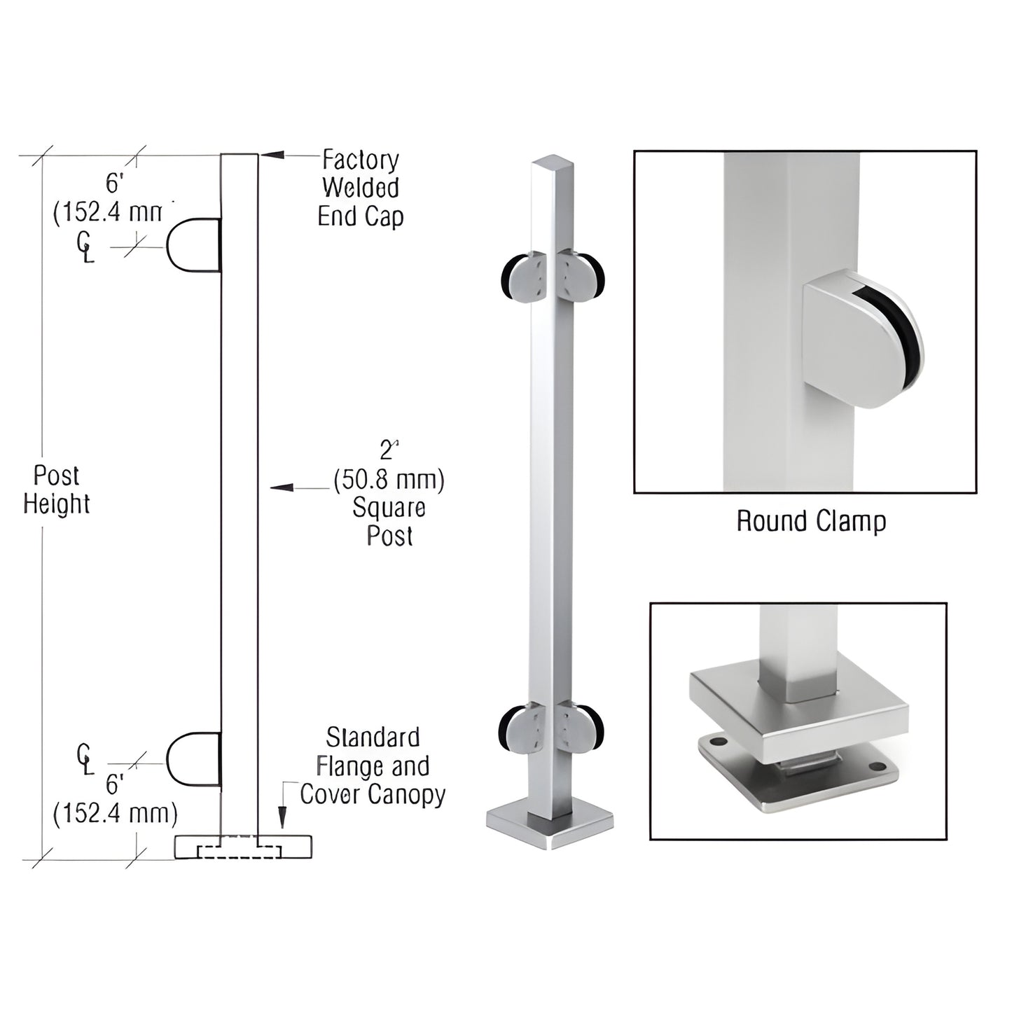 SPR36LPS stainless steel 2 in square glass-clamp post kit with Z clamps and polished base plate