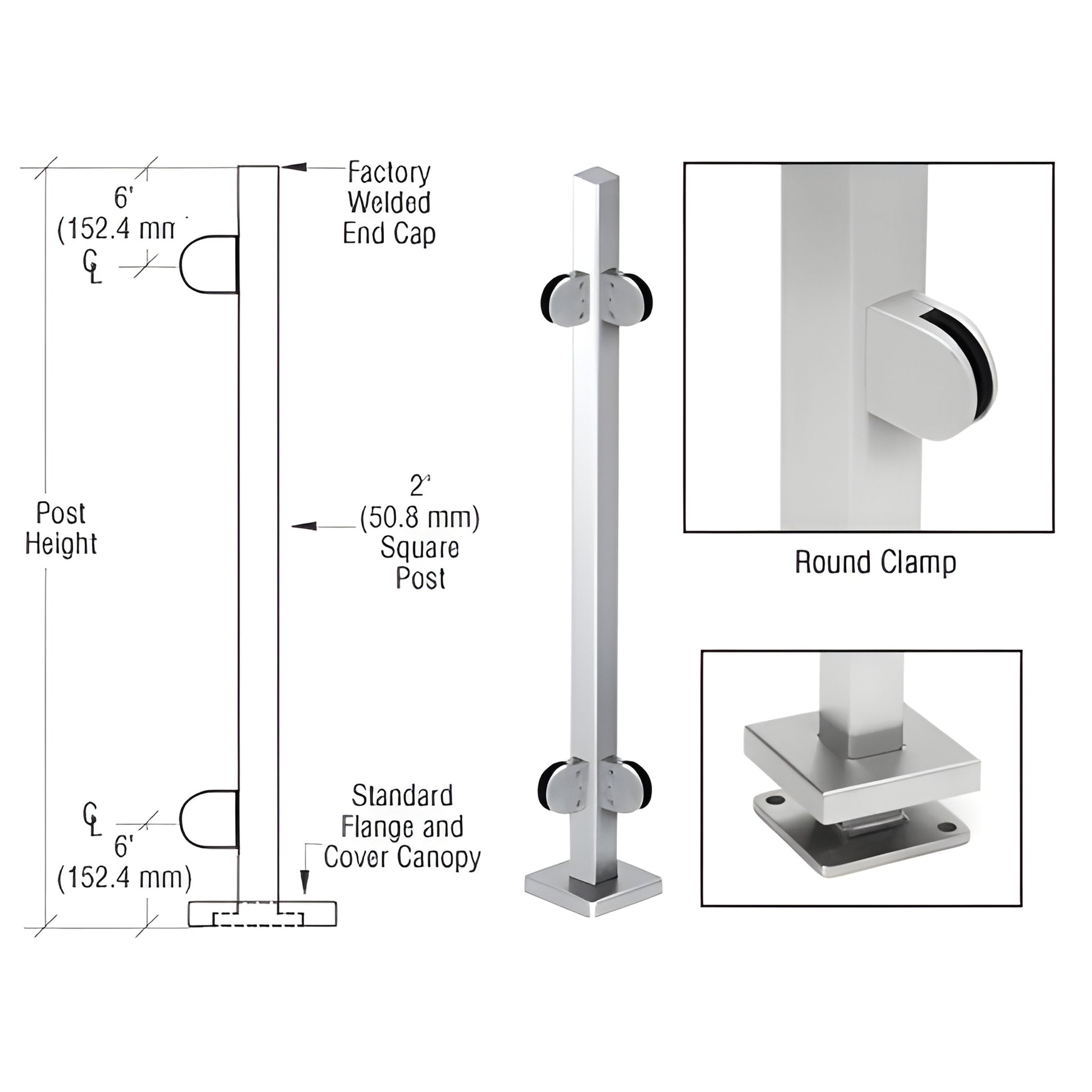 SPR36LPS stainless steel 2 in square glass-clamp post kit with Z clamps and polished base plate