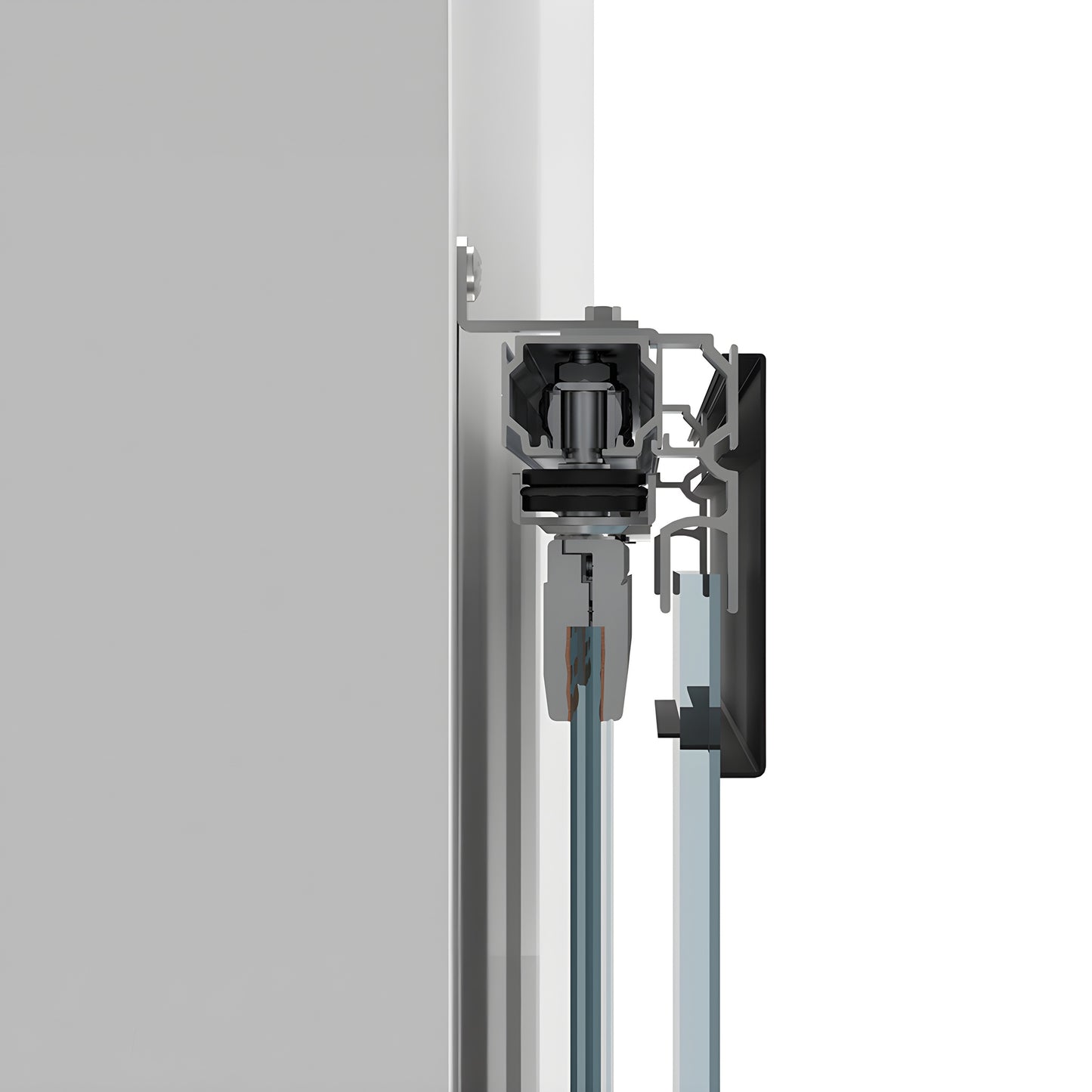 Matte black wall-mounted top track with two synchronized sliding tempered glass panels.