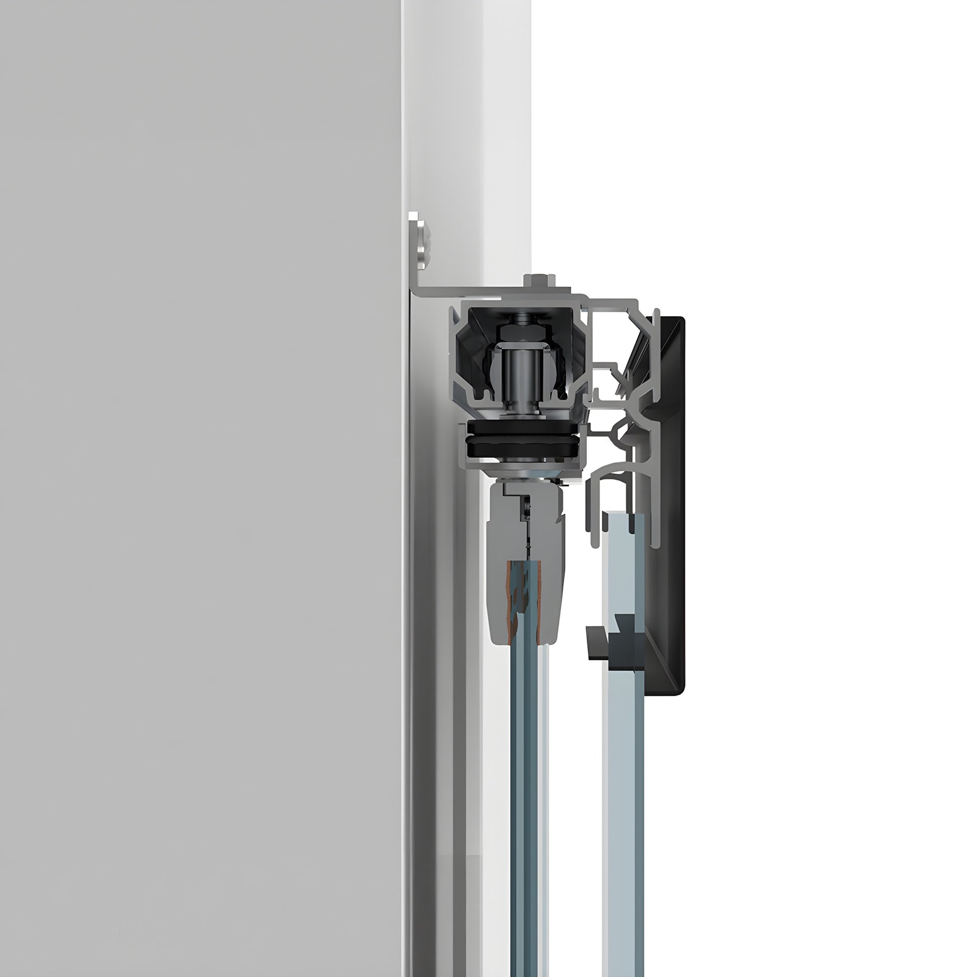 Matte black wall-mounted top track with two synchronized sliding tempered glass panels.